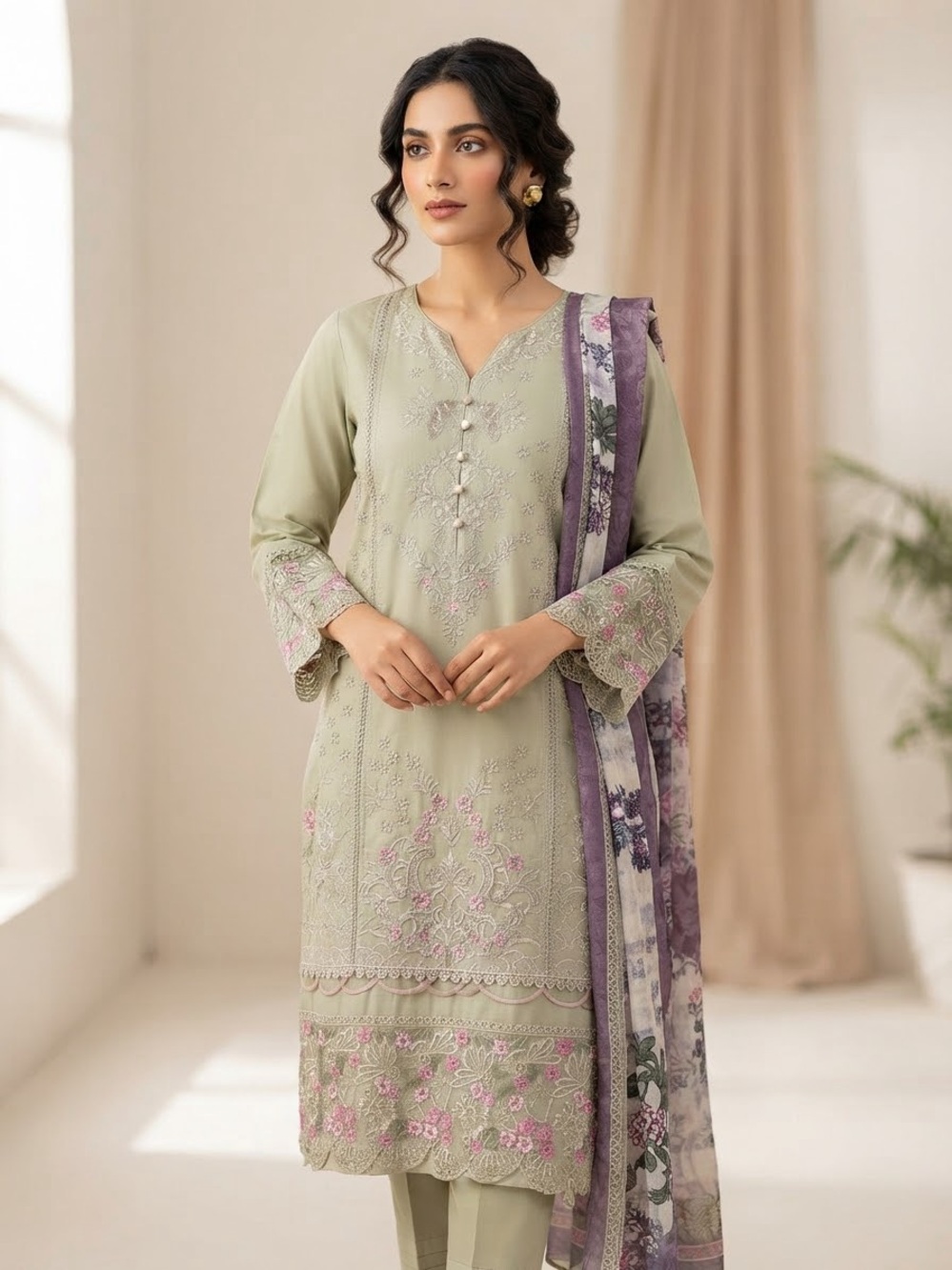 Embroidered Sage Green Kurta shalwar Duptta Lawn su with Lavender Floral Dupatta